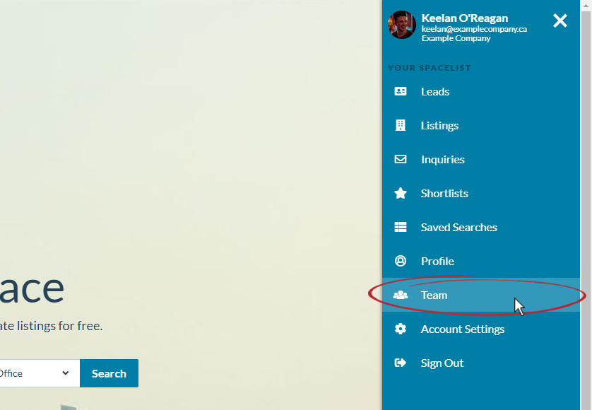main_dropdown_-_team_highlighted_with_red_circle_and_mouse_cursor.PNG