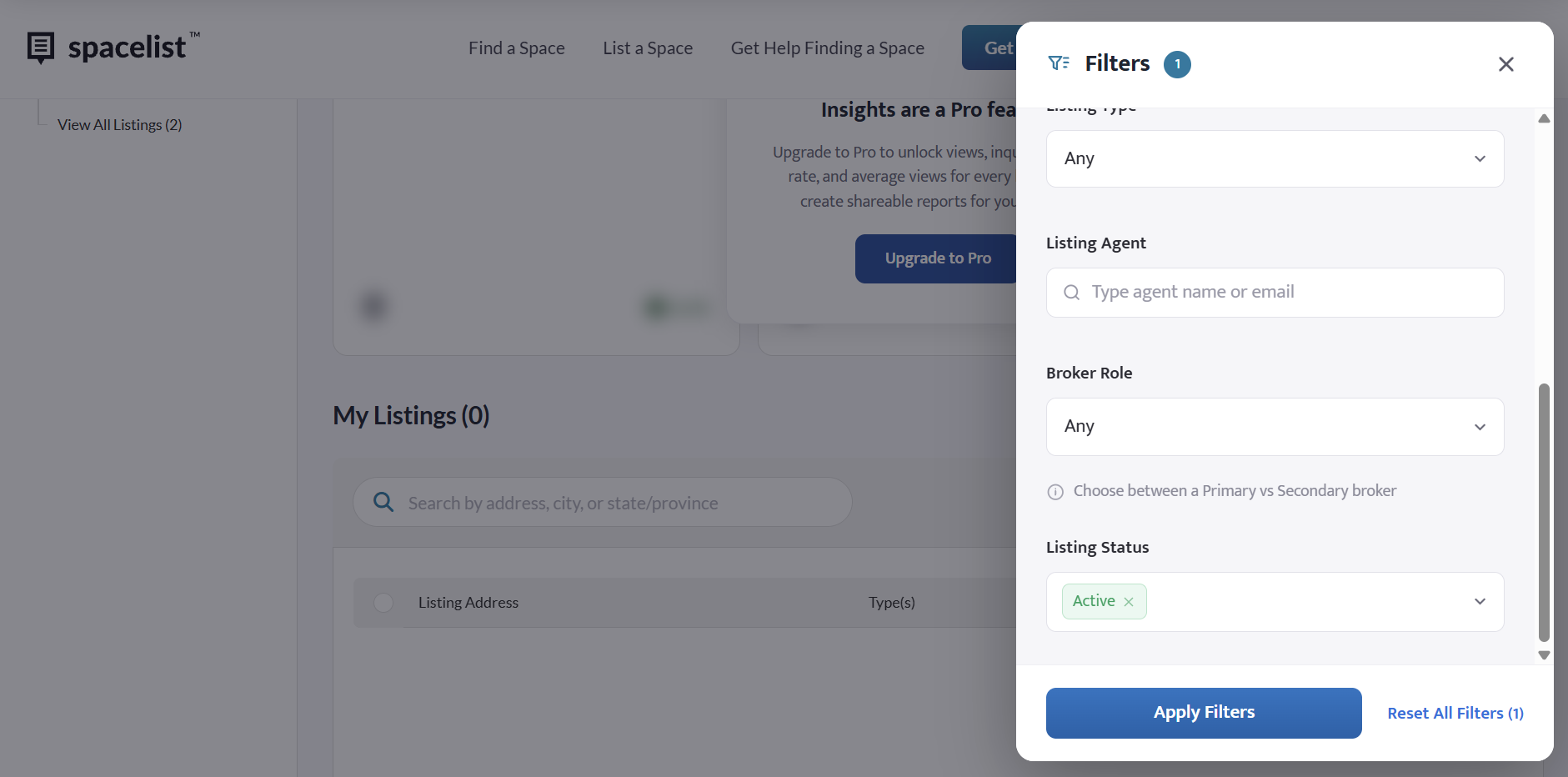 The Filters panel, showing the Listing Status filter set to Active