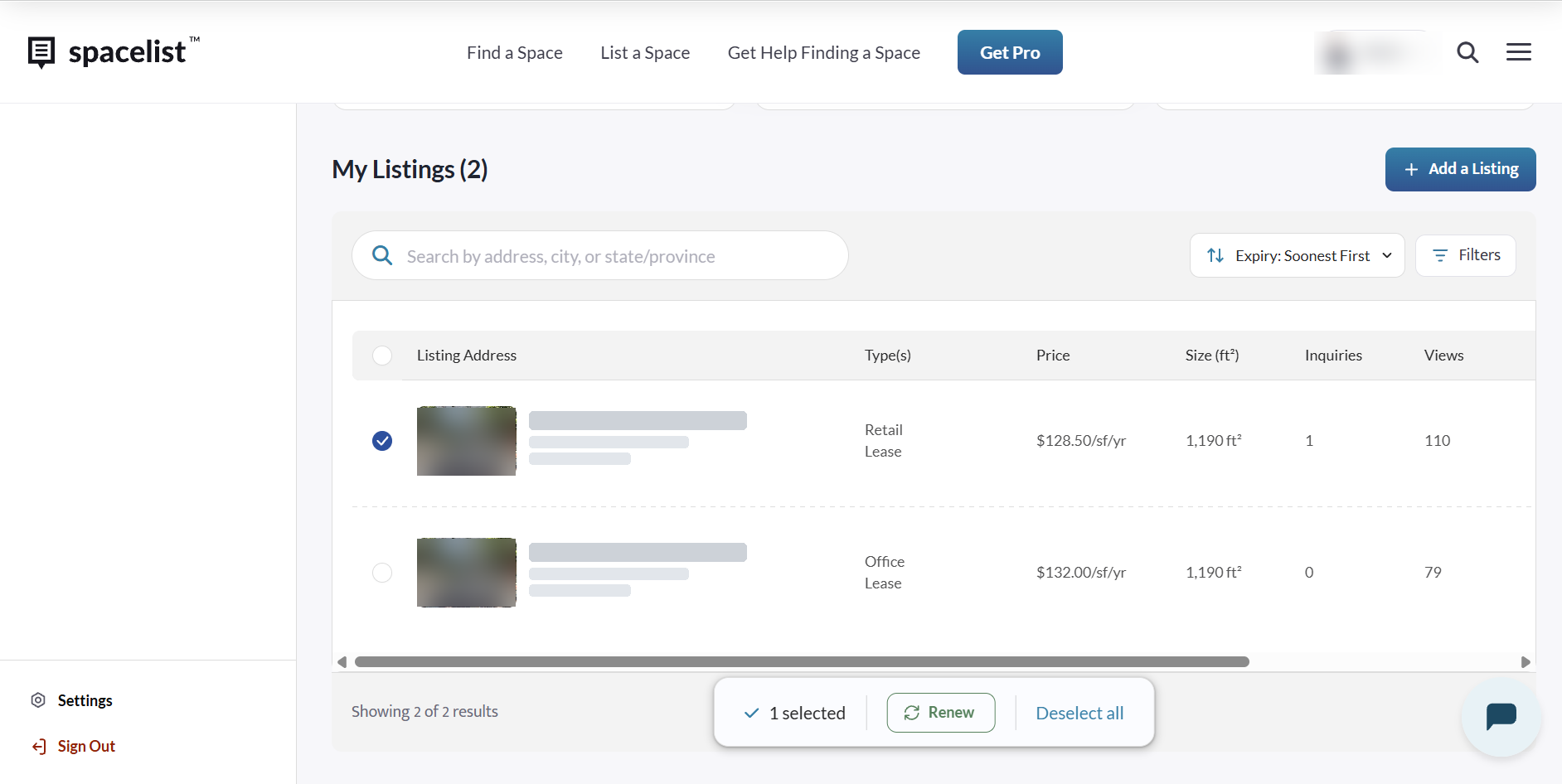 A listing selected with its checkbox, and the Renew button at the bottom of the page