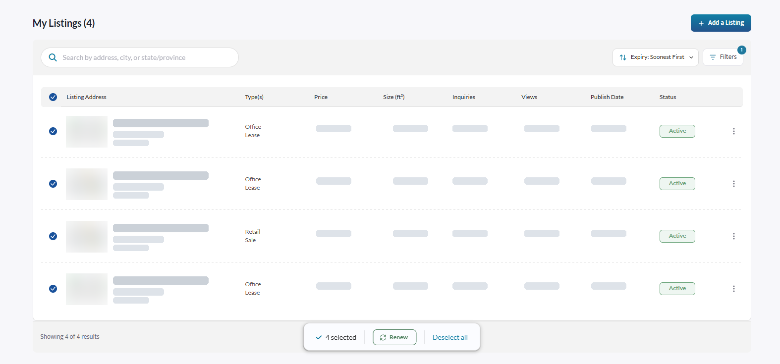 Selecting several listings and clicking Renew